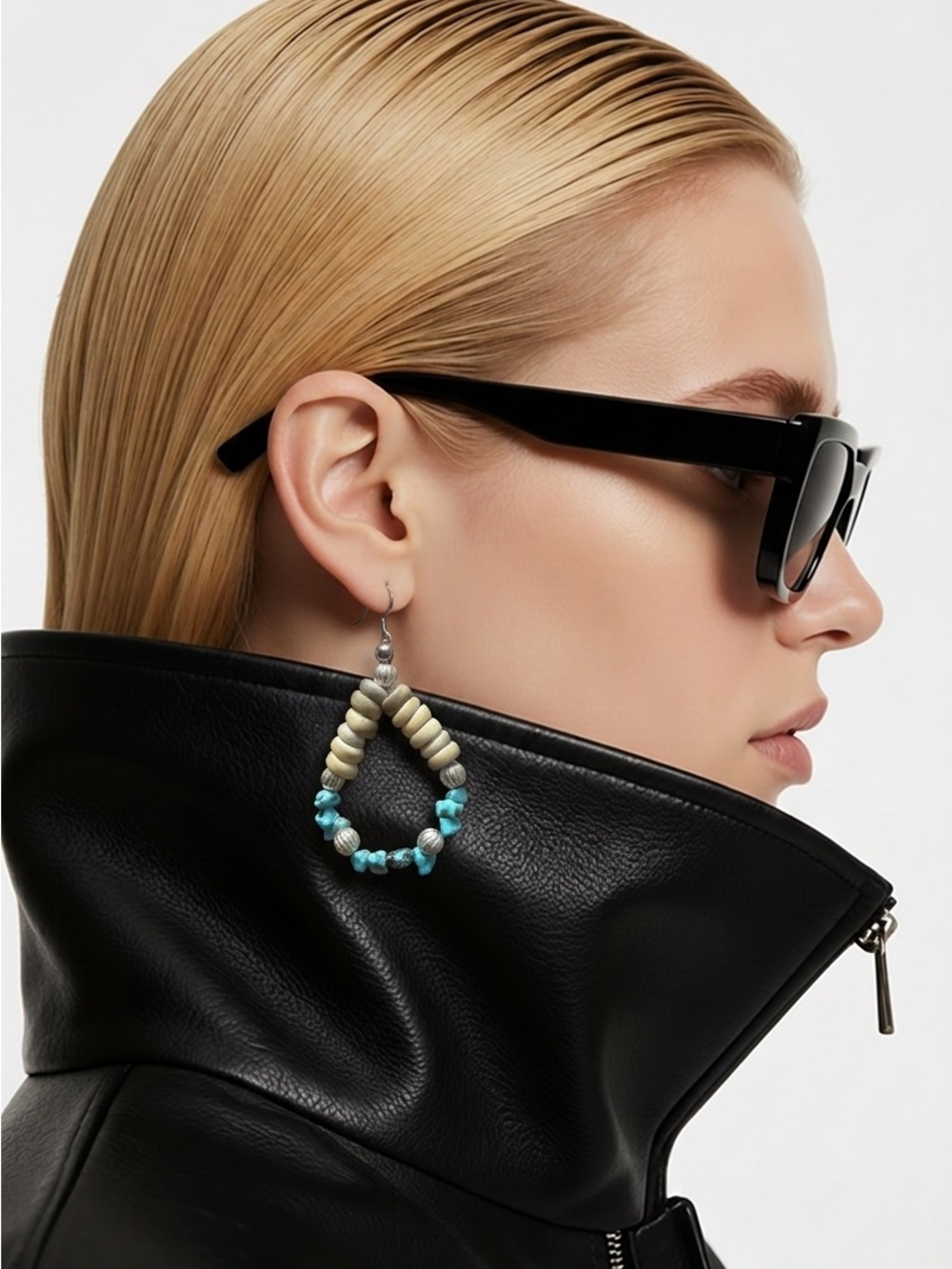 Beaded Teardrop Hoop Earrings in Turquoise and Creame☑️